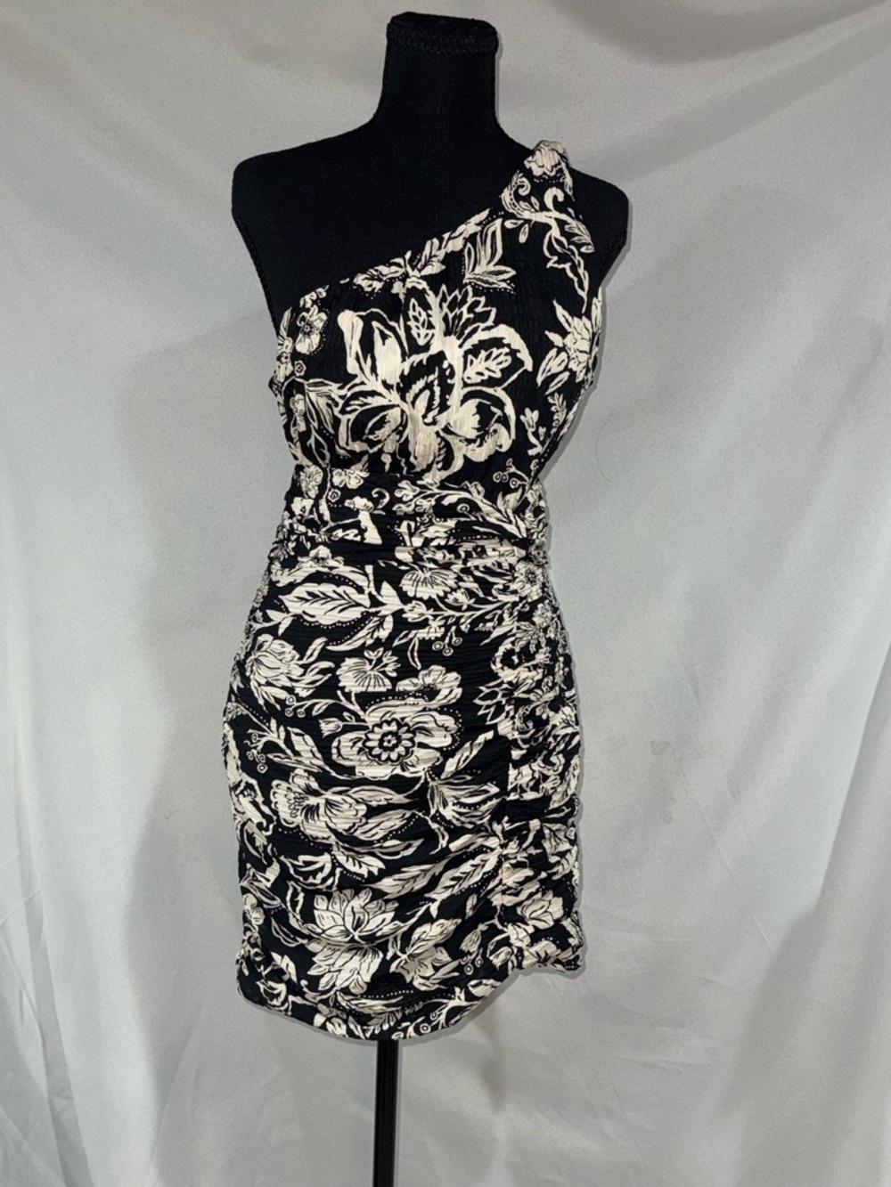 Zara Black & White One-Shoulder Floral Ruched Mini Dress